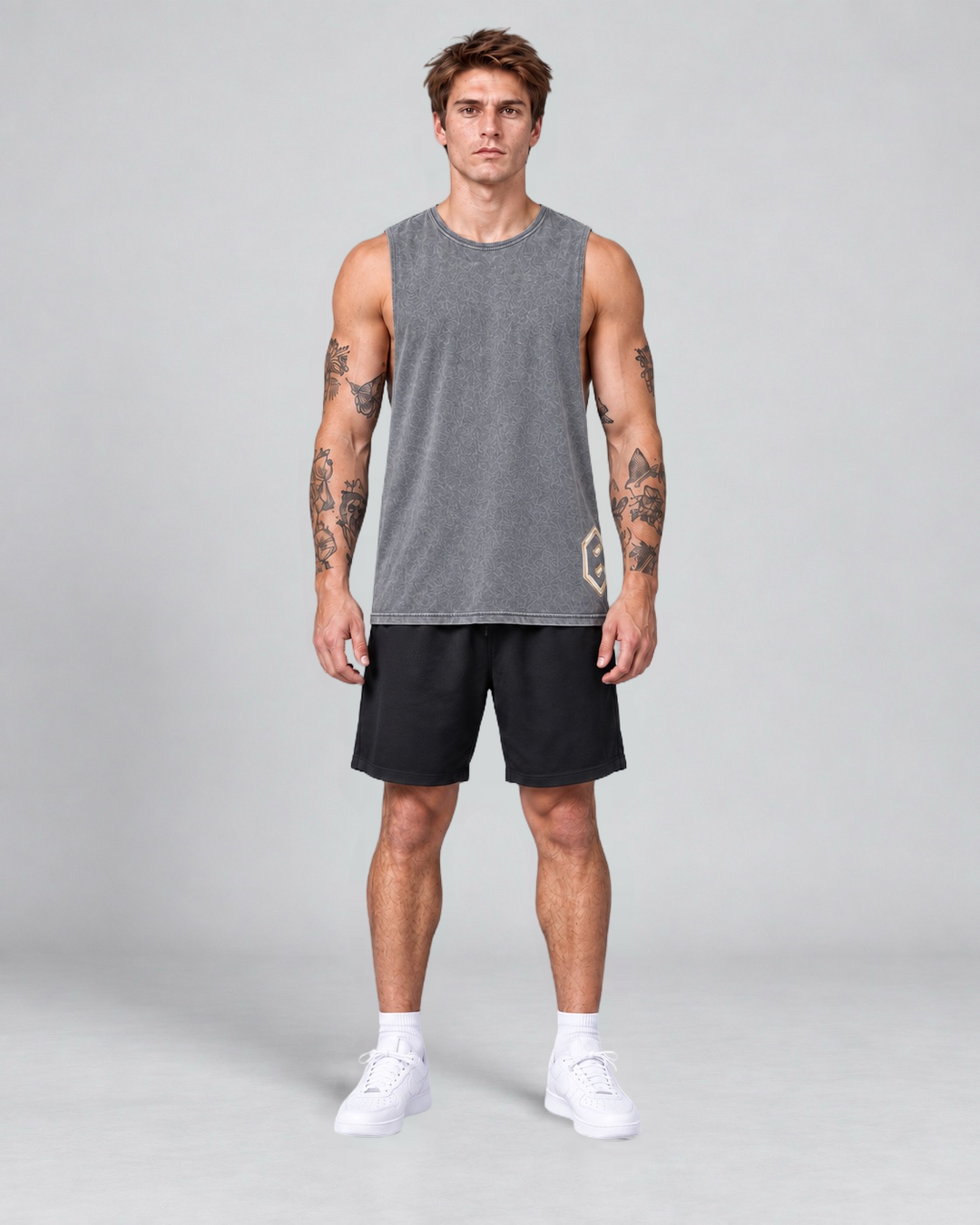 LGLGFG Keystone Sleeveless Tank in Ash Stone worn by model, full length second angle