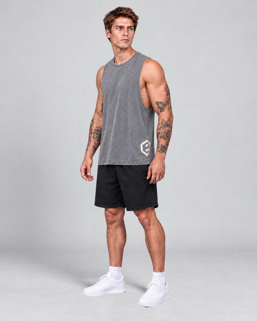 LGLGFG Keystone Sleeveless Tank in Ash Stone worn by model, full length third angle
