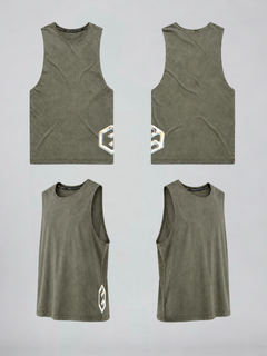 LGLGFG Keystone Sleeveless Tank in Moss Stone, flat lay product shot. Men's relaxed fit tank
