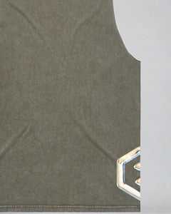 LGLGFG Keystone Sleeveless Tank in Moss Stone laid flat, fabric and construction detail