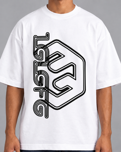 LGLGFG Legacy T in White worn by model, close up on fit