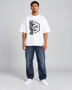 LGLGFG Legacy T in White worn by model, full length second angle