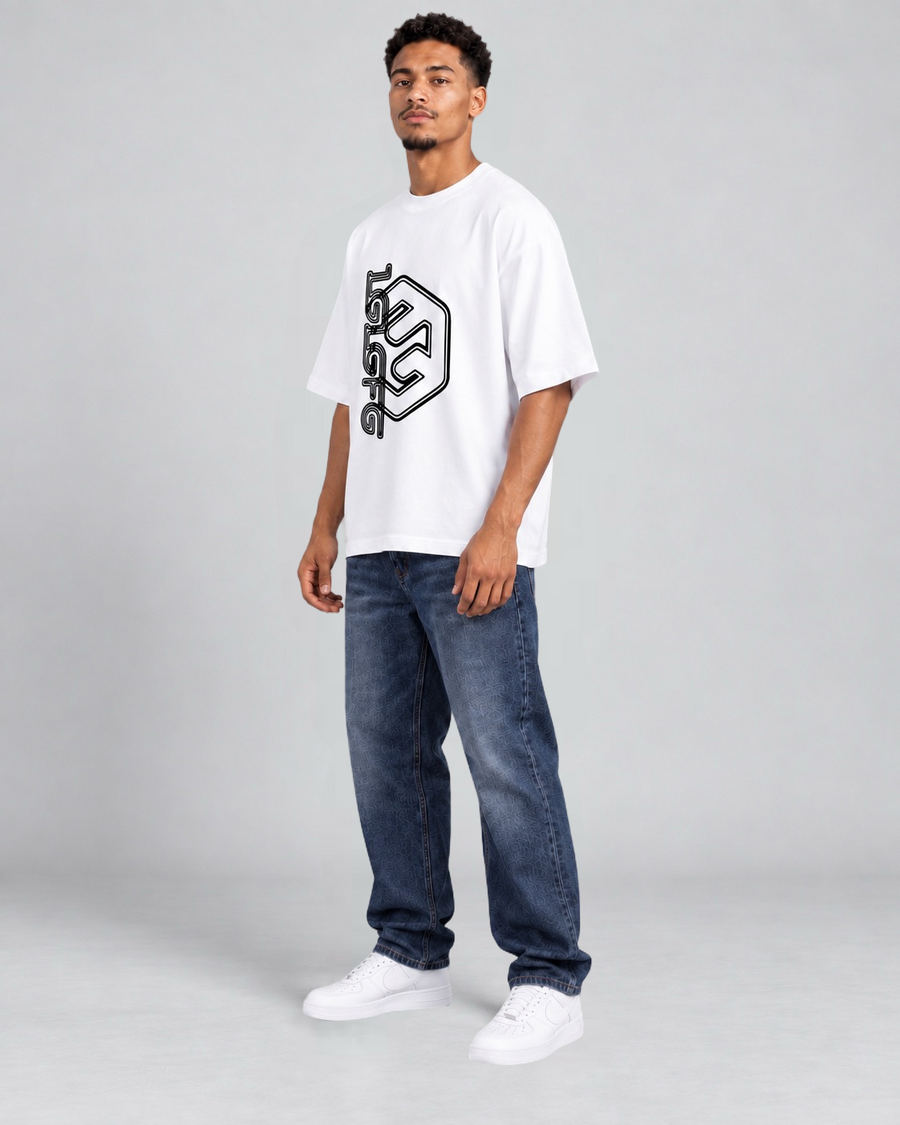 LGLGFG Legacy T in White worn by model, full length third angle