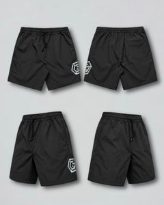 LGLGFG Nexus Board Shorts in Black, flat lay product shot. Men's board shorts