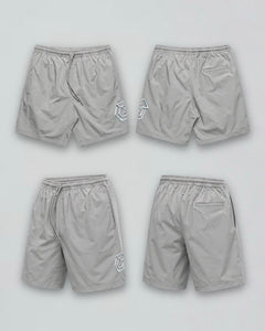 LGLGFG Nexus Board Shorts in Light Grey, flat lay product shot. Urban Athletis Wear