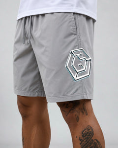 LGLGFG Nexus Board Shorts in Light Grey worn by model, close up second angle