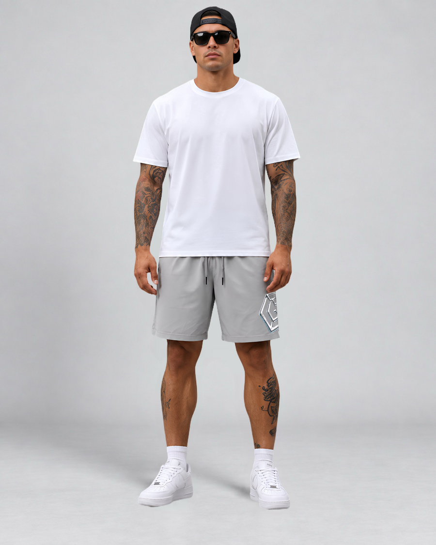 LGLGFG Nexus Board Shorts in Light Grey worn by model, full length second angle