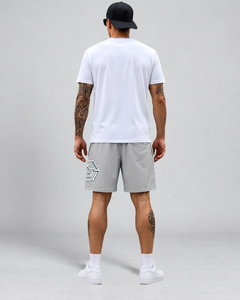LGLGFG Nexus Board Shorts in Light Grey worn by model, full length third angle
