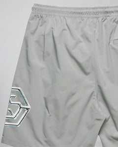 LGLGFG Nexus Board Shorts in Light Grey laid flat, fabric and construction detail
