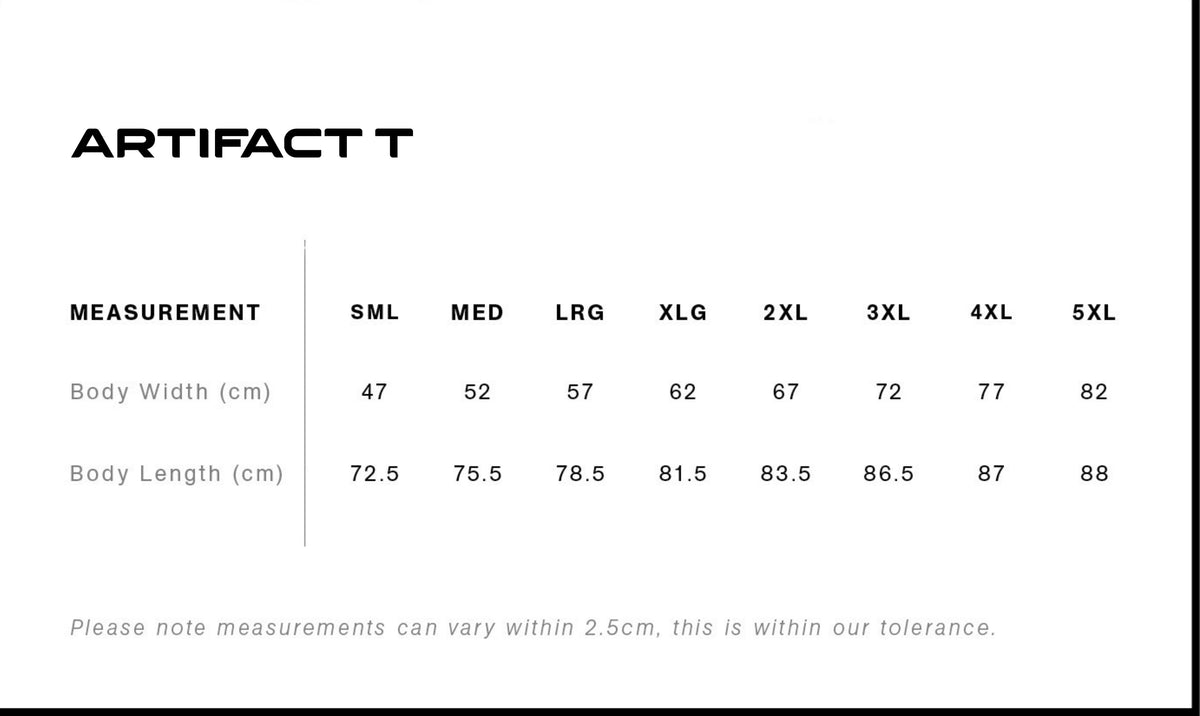 Artifact T Size Guide