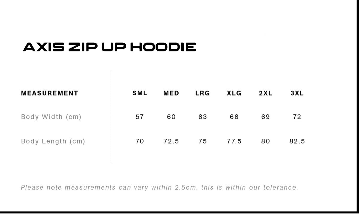 Axis Zip Up Hoodie Size Guide