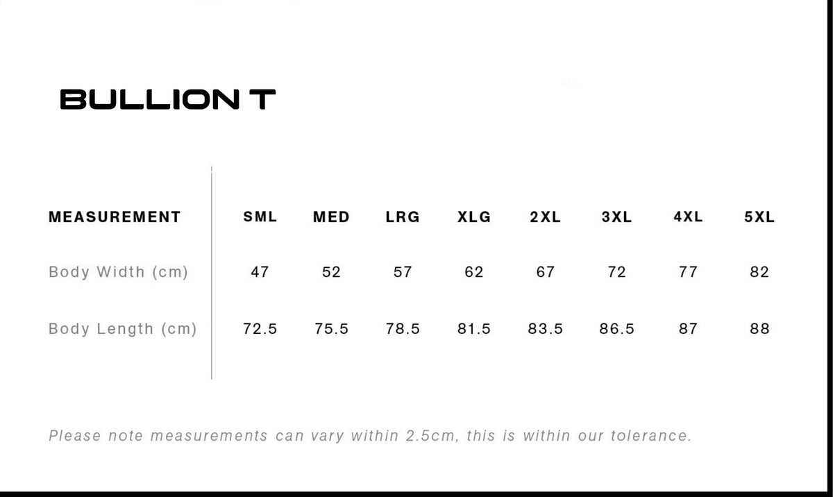 Bullion T Size Guide