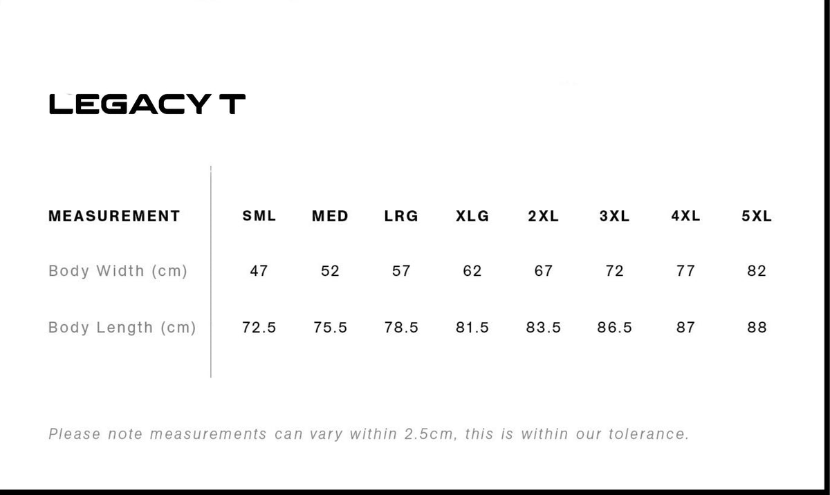 Legacy T Size Guide