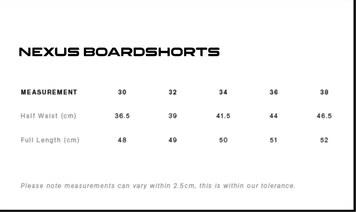 Nexus Boardshorts Size Guide