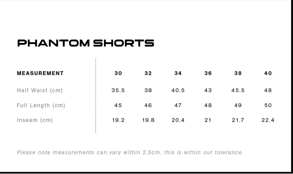 Phantom Shorts Size Guide